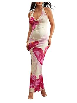 SHENHE Women's Sexy Floral Maxi Dress Halter Tie Backless